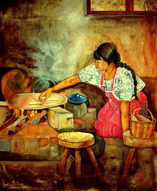 Mujer guerrerense echando tortillas en el comal, pintura